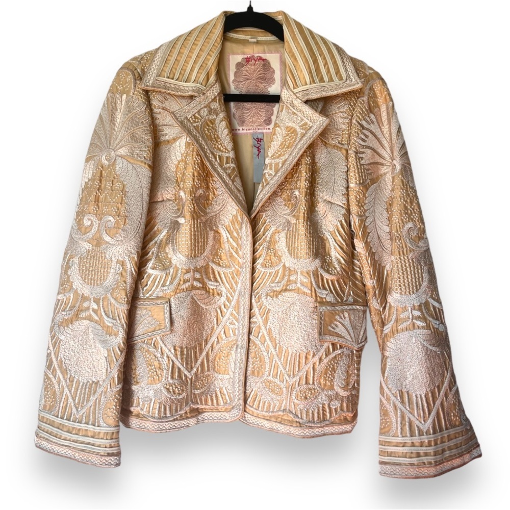Johnny Was Biya Collection Gold 100% Silk Floral Embroidered Bell Sleeve Jacket